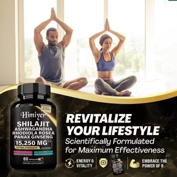 Shilajit 9000 Panax Ginseng 1500MG Ashwagandha 2000MG Rhodiola Rosea 999MG, Turmeric 500MG, Gingko Biloba 500MG, Stinging Nettle 250MG, Cordyceps Mushroom 500MG  60 Caps - Image 4