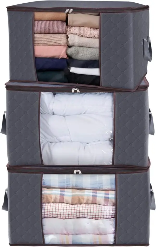 Large Capacity Clothing Storage Bag With Reinforced Handle, Thick Fabric, Foldable, Sturdy Zipper, 1 Set Of 3 Bags, 90L, Gray - Image 4