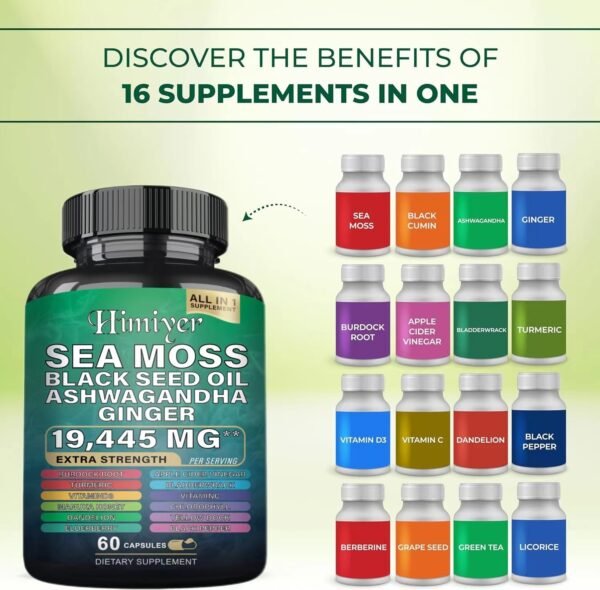 Sea Moss 7000mg Black Seed Oil 4000mg Ashwagandha 2000mg Turmeric 2000mg Bladderwrack 2000mg Burdock 2000mg & Ginger Vitamin C Vitamin D3 With Elderberry Manuka Dandelion Yellow Dock Chlorophyll ACV - Image 6