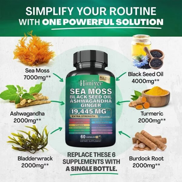 Sea Moss 7000mg Black Seed Oil 4000mg Ashwagandha 2000mg Turmeric 2000mg Bladderwrack 2000mg Burdock 2000mg & Ginger Vitamin C Vitamin D3 With Elderberry Manuka Dandelion Yellow Dock Chlorophyll ACV - Image 5