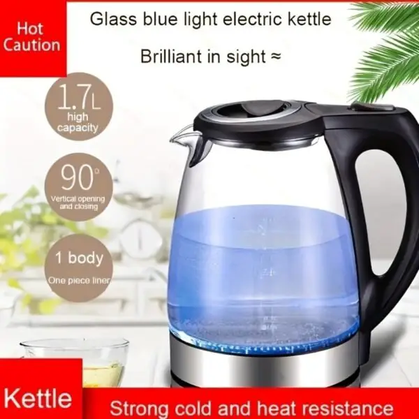 Electric Kettle With Stainless Steel Filter And Inner Lid, 1200W Wide Opening 1.7L Glass Tea Kettle & Hot Water Boiler Black - Image 3