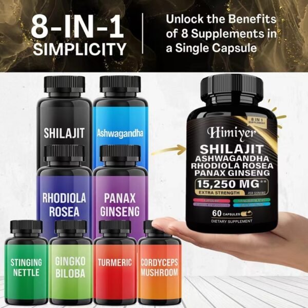 Shilajit 9000 Panax Ginseng 1500MG Ashwagandha 2000MG Rhodiola Rosea 999MG, Turmeric 500MG, Gingko Biloba 500MG, Stinging Nettle 250MG, Cordyceps Mushroom 500MG  60 Caps - Image 8