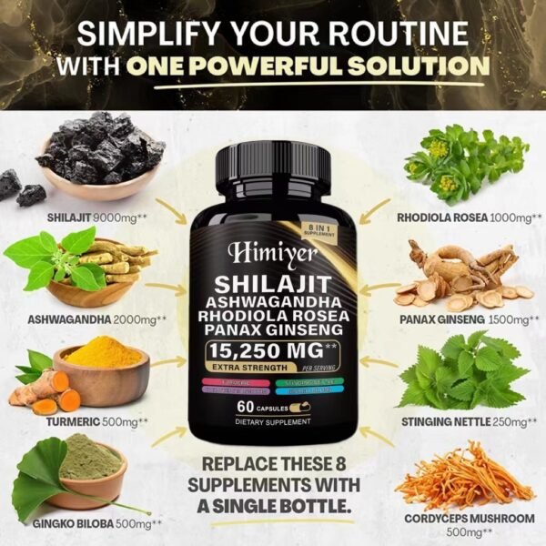 Shilajit 9000 Panax Ginseng 1500MG Ashwagandha 2000MG Rhodiola Rosea 999MG, Turmeric 500MG, Gingko Biloba 500MG, Stinging Nettle 250MG, Cordyceps Mushroom 500MG  60 Caps - Image 3