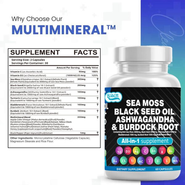 Sea Moss Fitness Burdock Multi-Mineral Vitamin Edible Supplement  Dietary, Healthcare 60 Count - Image 5