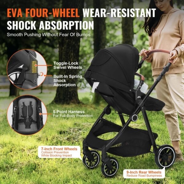 Standard Baby Stroller, Infant Toddler Stroller With Bassinet, 3rd-Gear Adjustable Backrest & Foldable & Reversible Seat, Carbon Steel Newborn Stroller With Leg Cover And Mesh Net, Black - Image 3