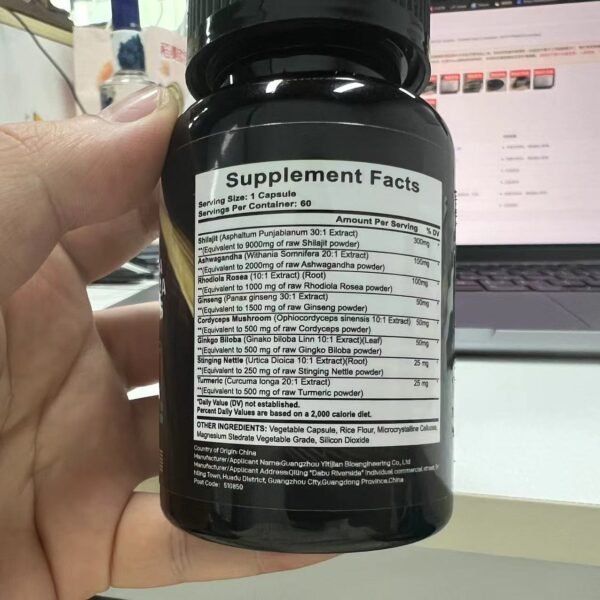 Shilajit 9000 Panax Ginseng 1500MG Ashwagandha 2000MG Rhodiola Rosea 999MG, Turmeric 500MG, Gingko Biloba 500MG, Stinging Nettle 250MG, Cordyceps Mushroom 500MG  60 Caps - Image 5
