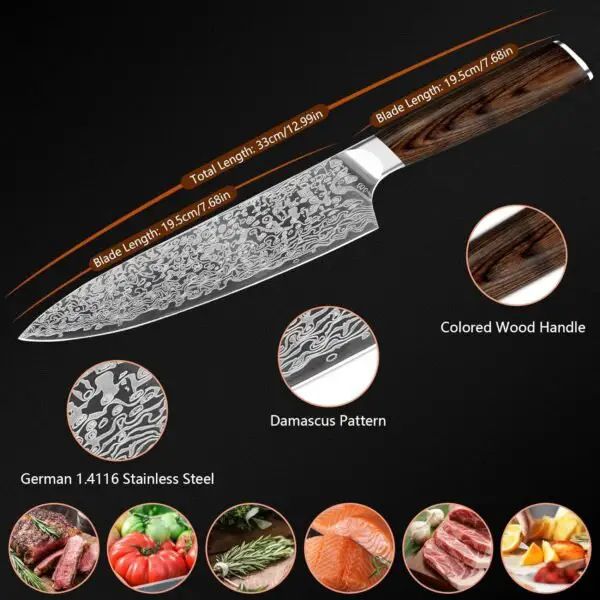 Japanese Vanadium Steel Chef Knife, 7.8 INCH Sharp Kitchen Knives With Laser Pattern And Rosewood Handle - Image 5