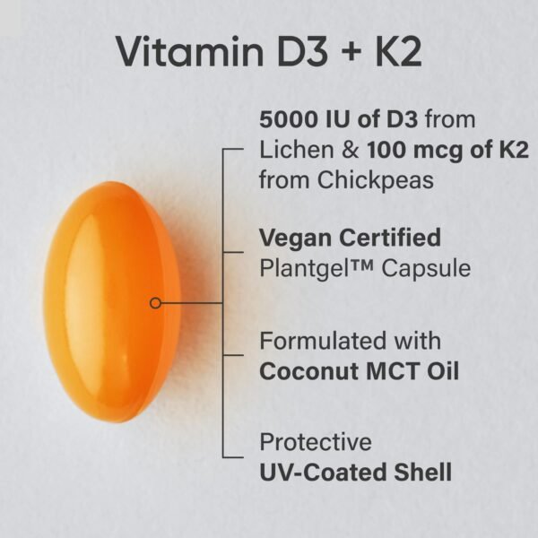 Vitamin D3 K2 With Coconut Oil  Plant Based Vitamin K2 MK7  Vegan D3 5000iu  Vegan Certified, Soy  Gluten Free - 60 Count Softgels - Image 2