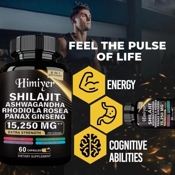 Shilajit 9000 Panax Ginseng 1500MG Ashwagandha 2000MG Rhodiola Rosea 999MG, Turmeric 500MG, Gingko Biloba 500MG, Stinging Nettle 250MG, Cordyceps Mushroom 500MG  60 Caps - Image 9