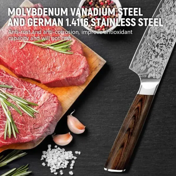 Japanese Vanadium Steel Chef Knife, 7.8 INCH Sharp Kitchen Knives With Laser Pattern And Rosewood Handle - Image 3