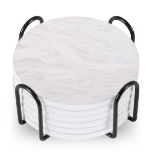 Set Of 6 Beverage Coasters With Stand Round 4in Ceramic Coaster With Metal Stand Absorbent Marble Stone Coaster With Cork Base
