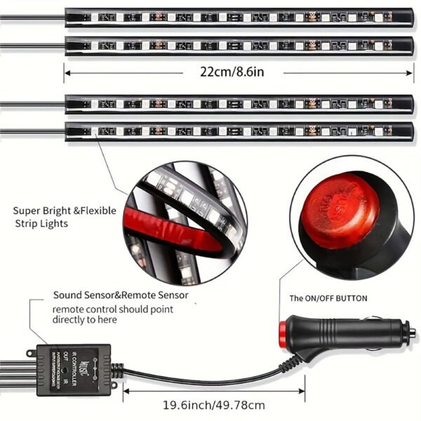 Auto LED RGB Interior Atmosphere Strip Light Decorative Foot Lamp With USB Wireless Remote Music Control Multiple Modes For Car - Image 7
