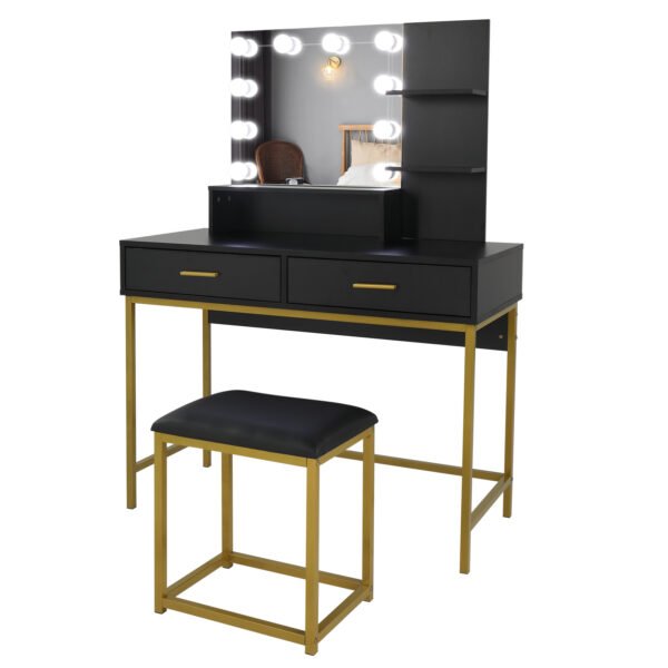 Black, Particleboard, Steel Frame, Two-drawer, Three-tier Shelf, Dressing Table Set, Three-tone Light, Light Luxury - Image 6
