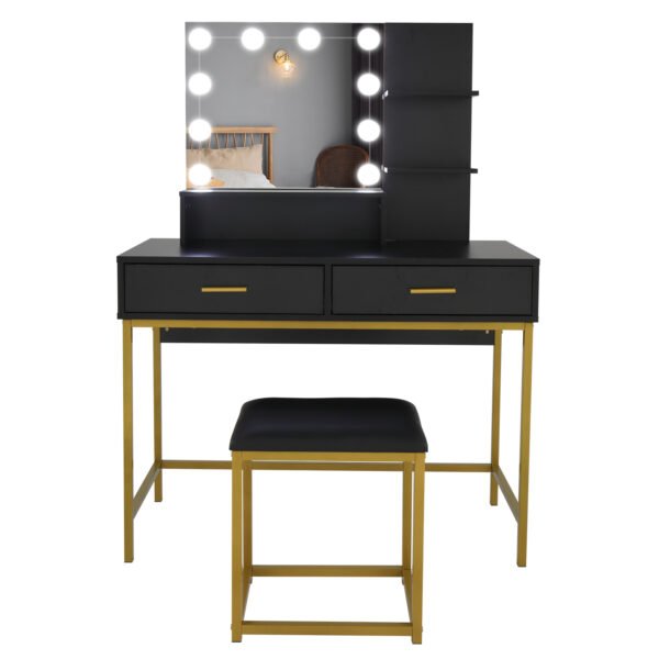 Black, Particleboard, Steel Frame, Two-drawer, Three-tier Shelf, Dressing Table Set, Three-tone Light, Light Luxury - Image 8