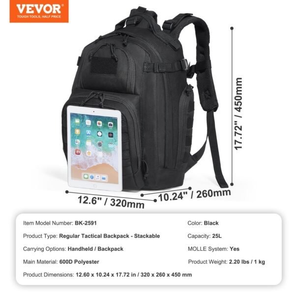 Tactical Backpack 25L Military Backpack With Molle Mode & Sponge Pad Black - Image 3