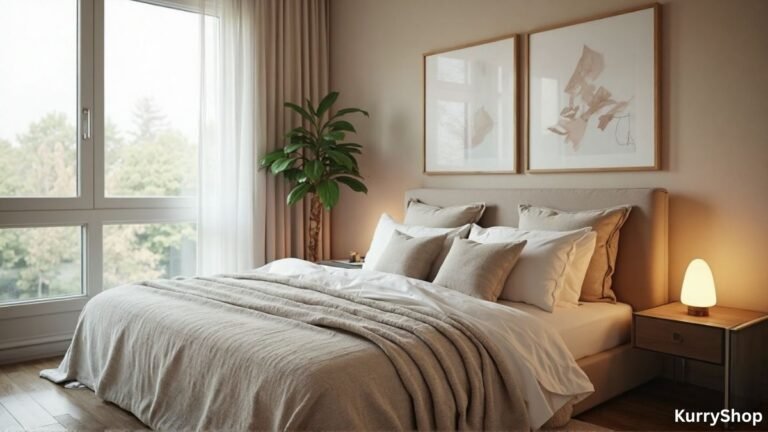modern bedroom with cozy textures, functional layouts, calming colors, and smart décor choices