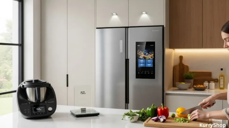 A modern kitchen with subtle smart appliances, including a fridge, multi-cooker, smart scale, and motion-sensing lights, capturing hands-on cooking in a warm, natural light.