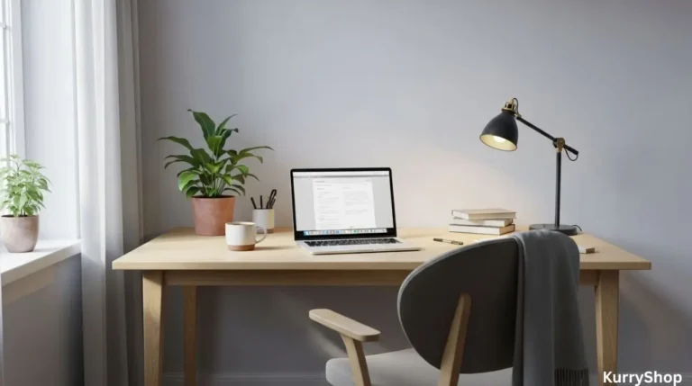 A functional home office with a simple desk, natural light, and minimal tools designed for comfortable daily work.