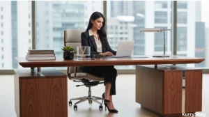 home office setup with premium desks, ergonomic chairs, luxury leather accessories