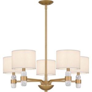 Quoizel Kimberly 30 Inch Chandelier with egg shell fabric shades and white marble accents over dining table
