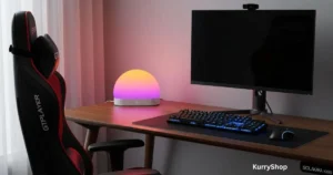 Aesthetic desk setup with ambient lighting, mechanical keyboard, and ergonomic office chair
