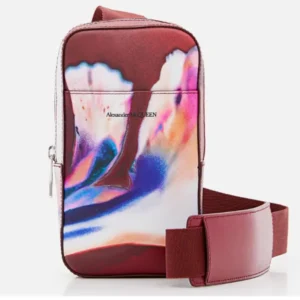 Multicolor calf leather iPhone case by Alexander McQueen featuring zip closure, adjustable strap, and printed logo detail