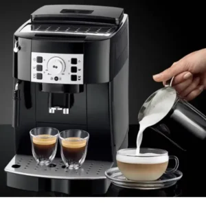 Automatic espresso and cappuccino coffee machine in black stainless steel
