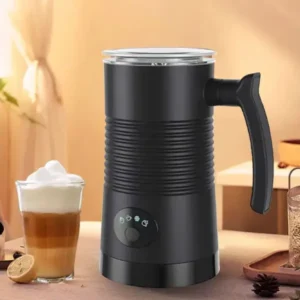 handheld automatic milk frother creating foam in a cup of coffee