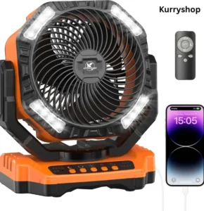 Rechargeable battery powered fan used indoors during heat and power outages