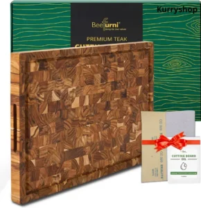 Extra large teak wood end grain cutting board used for daily cooking and prep