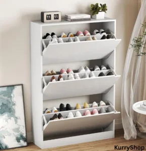 “White slim shoe cabinet with flip drawers placed in a tidy entryway hallway”
