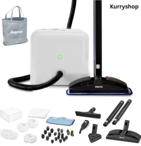 Portable steam cleaner being used to clean floor tiles without chemical products