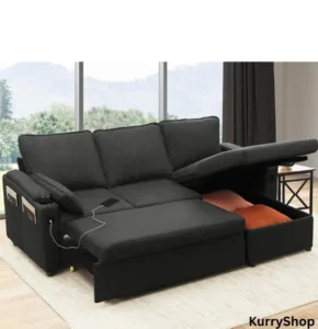 “Modern sleeper sofa with pull-out bed and hidden storage in a small apartment living room”