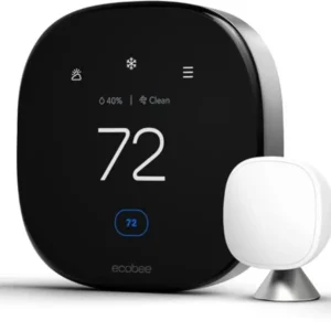 ecobee Smart Thermostat Premium mounted on wall displaying temperature and air quality information