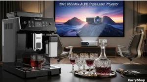 four luxury home upgrades: a premium espresso machine, crystal wine decanter set, ergonomic executive chair, and a 4K triple-laser projector that quietly elevate everyday living