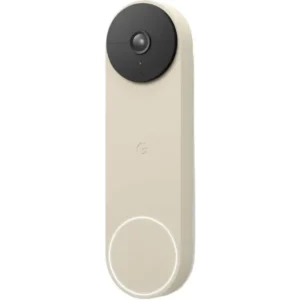 Google Nest Doorbell Battery model in linen finish mounted on a contemporary home entrance