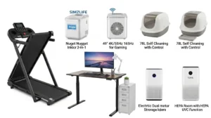 Upgrade your home office with practical gadgets: foldable treadmill, smart desk, ice maker, air purifier, cat litter box, and 4K monitor for comfort & productivity.