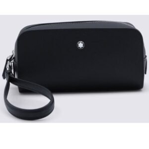Montblanc black leather pouch with zip closure and removable handle for organization