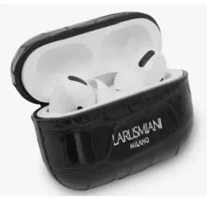 American alligator leather AirPods case by Larusmiani with discreet logo detailing and fitted second-skin construction