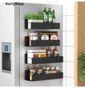 Magnetic spice rack organizer attached to refrigerator in a modern kitchen
