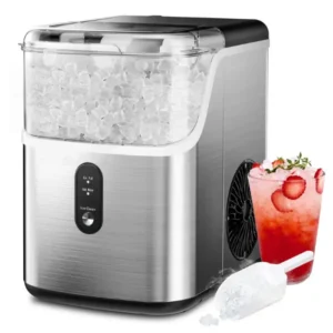 Countertop nugget ice maker producing ice with basket and scoop