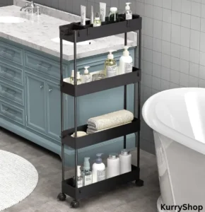 “Slim rolling storage cart tucked between appliances in a small kitchen, holding everyday household items”