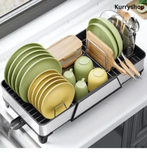 Expandable stainless steel dish drying rack for kitchen counter